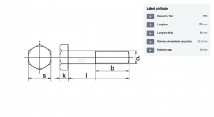 93116110129B Șurub cap hexagonal filet parțial DIN931 M16x2x110mm filet 38mm oțel grupa 12.9