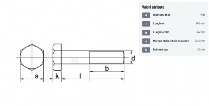 93116140129B Șurub cap hexagonal filet parțial DIN931 M16x2x140mm filet 44mm oțel grupa 12.9