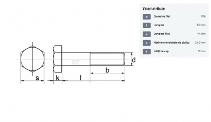 93116150129B Șurub cap hexagonal filet parțial DIN931 M16x2x150mm filet 44mm oțel grupa 12.9