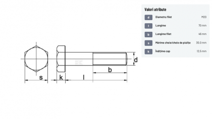 9312070129B Șurub cap hexagonal filet parțial DIN931 M20x2,5x70mm filet 46mm oțel grupa 12.9