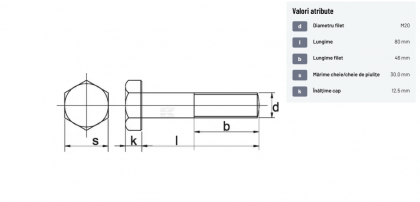 9312080129B Șurub cap hexagonal filet parțial DIN931 M20x2,5x80mm filet 46mm oțel grupa 12.9