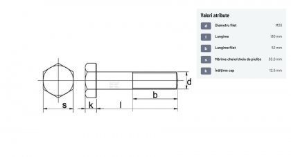 93120130129B Șurub cap hexagonal filet parțial DIN931 M20x2,5x130mm filet 52mm oțel grupa 12.9