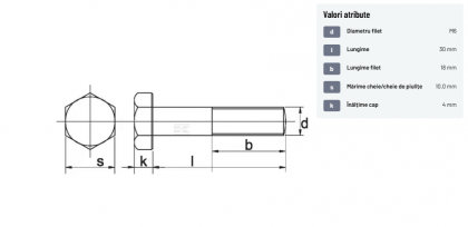 931630109B Șurub cap hexagonal filet parțial DIN931 M6x1x30mm filet 18mm oțel grupa 10.9