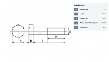 931645109B Șurub cap hexagonal filet parțial DIN931 M6x1x45mm filet 18mm oțel grupa 10.9