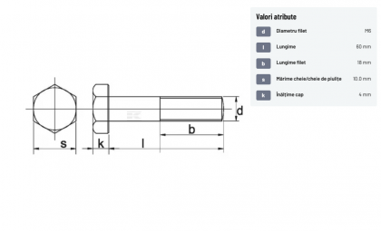931660109B Șurub cap hexagonal filet parțial DIN931 M6x1x60mm filet 18mm oțel grupa 10.9