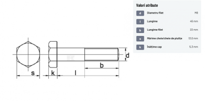 931845109B Șurub cap hexagonal filet parțial DIN931 M8x1,25x45mm filet 22mm oțel grupa 10.9