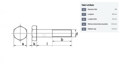 931855109B Șurub cap hexagonal filet parțial DIN931 M8x1,25x55mm filet 22mm oțel grupa 10.9