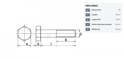 931865109B Șurub cap hexagonal filet parțial DIN931 M8x1,25x65mm filet 22mm oțel grupa 10.9
