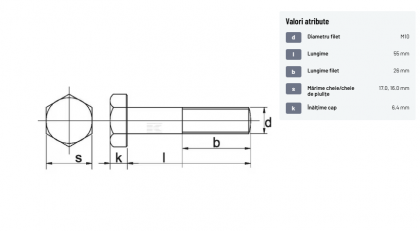 9311055109B Șurub cap hexagonal filet parțial DIN931 M10x1,5x55mm filet 26mm oțel grupa 10.9