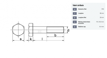 9311065109B Șurub cap hexagonal filet parțial DIN931 M10x1,5x65mm filet 26mm oțel grupa 10.9