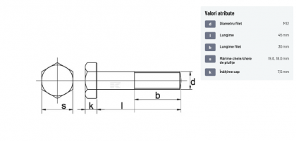 9311245109B Șurub cap hexagonal filet parțial DIN931 M12x1,75x45mm filet 30mm oțel grupa 10.9