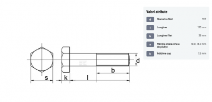 93112130109B Șurub cap hexagonal filet parțial DIN931 M12x1,75x130mm filet 36mm oțel grupa 10.9