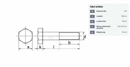 93112180109B Șurub cap hexagonal filet parțial DIN931 M12x1,75x180mm filet 36mm oțel grupa 10.9