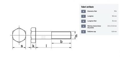 9311450109B Șurub cap hexagonal filet parțial DIN931 M14x2x50mm filet 34mm oțel grupa 10.9