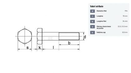 9311470109B Șurub cap hexagonal filet parțial DIN931 M14x2x70mm filet 34mm oțel grupa 10.9
