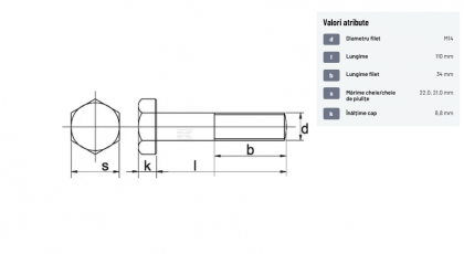 93114110109B Șurub cap hexagonal filet parțial DIN931 M14x2x110mm filet 34mm oțel grupa 10.9
