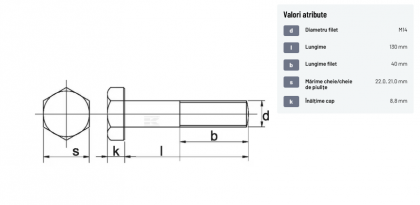 93114130109B Șurub cap hexagonal filet parțial DIN931 M14x2x130mm filet 40mm oțel grupa 10.9