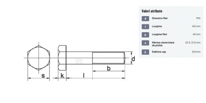 93114140109B Șurub cap hexagonal filet parțial DIN931 M14x2x140mm filet 40mm oțel grupa 10.9