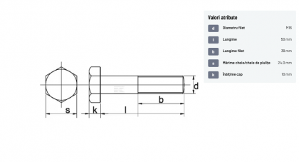 9311650109B Șurub cap hexagonal filet parțial DIN931 M16x2x50mm filet 38mm oțel grupa 10.9