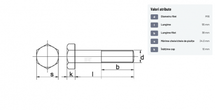 9311655109B Șurub cap hexagonal filet parțial DIN931 M16x2x55mm filet 38mm oțel grupa 10.9