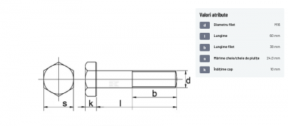 9311660109B Șurub cap hexagonal filet parțial DIN931 M16x2x60mm filet 38mm oțel grupa 10.9