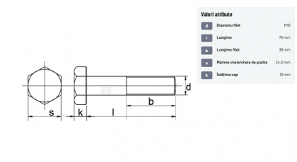 9311675109B Șurub cap hexagonal filet parțial DIN931 M16x2x75mm filet 38mm oțel grupa 10.9