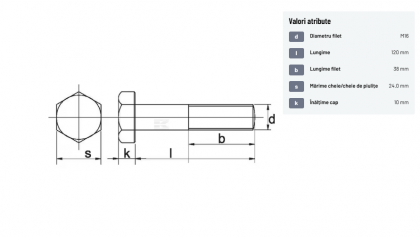 93116120109B Șurub cap hexagonal filet parțial DIN931 M16x2x120mm filet 38mm oțel grupa 10.9