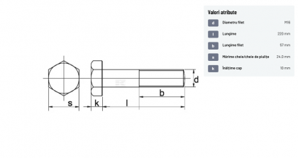 93116220109B Șurub cap hexagonal filet parțial DIN931 M16x2x220mm filet 57mm oțel grupa 10.9