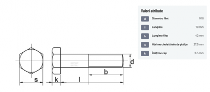 9311870109B Șurub cap hexagonal filet parțial DIN931 M18x2,5x70mm filet 42mm oțel grupa 10.9