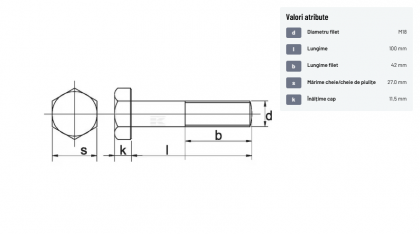 93118100109B Șurub cap hexagonal filet parțial DIN931 M18x2,5x100mm filet 42mm oțel grupa 10.9